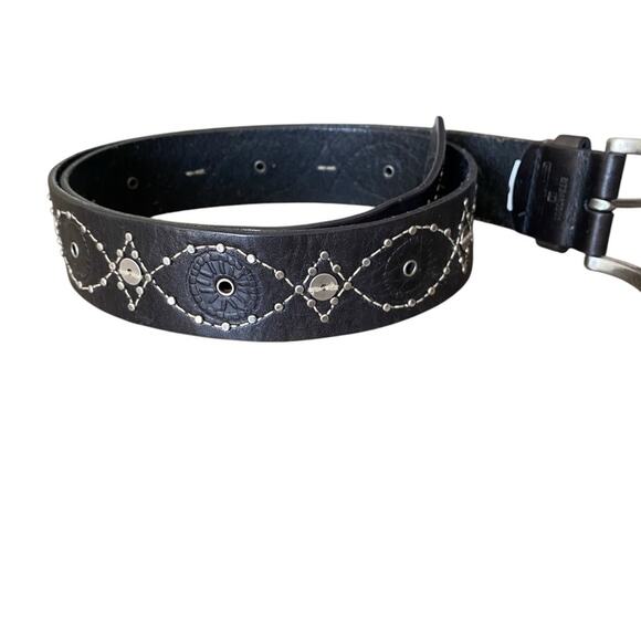 Fossil Black Leather Silver Buckle Embellished Boho Belt size large - Picture 4 of 7